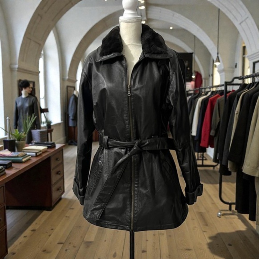 Vintage Ricardo‎ Brown Leather Belted Coat Faux Shearling Collar M Size M